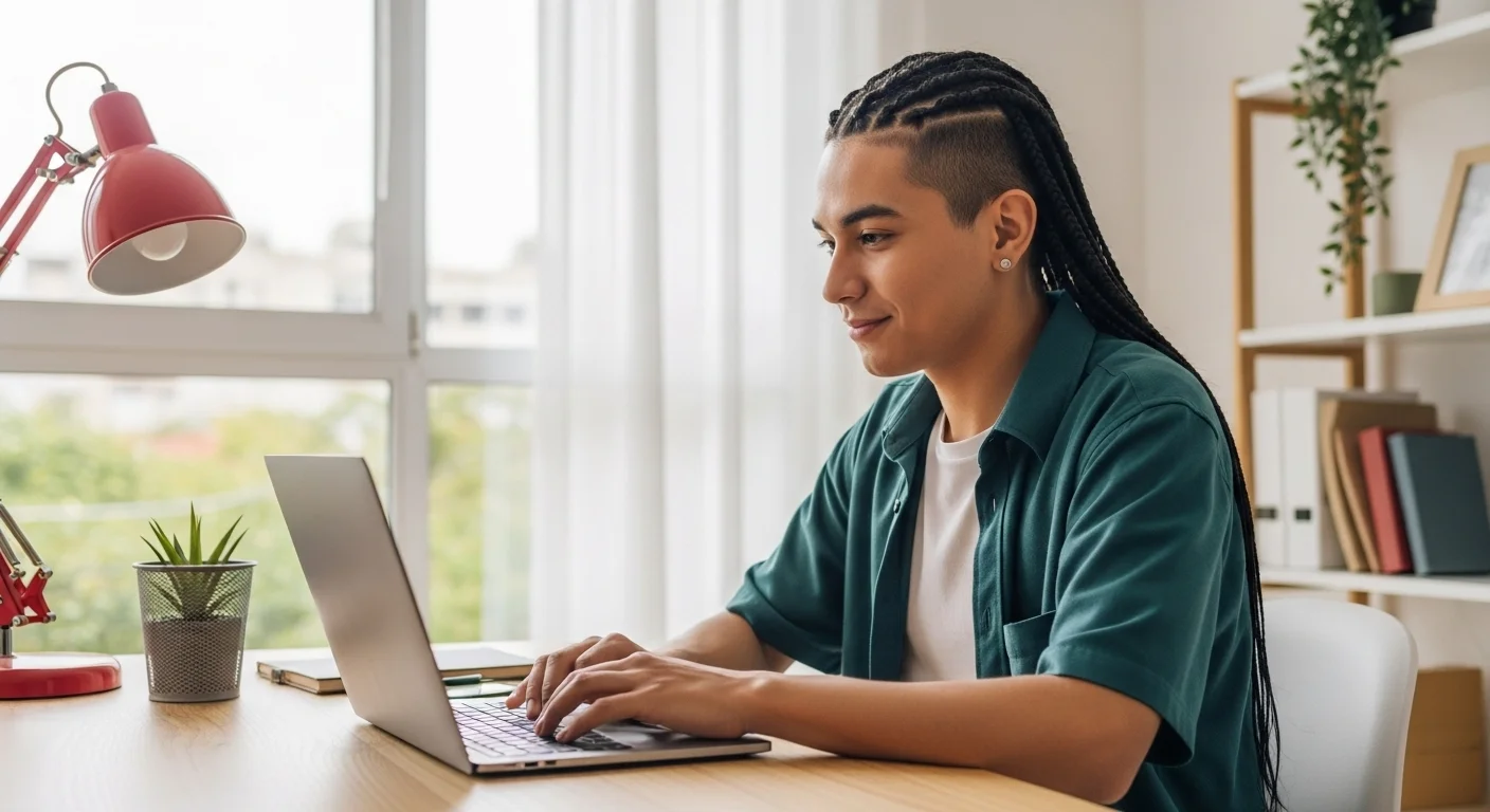 Emprendedor mexicano trabajando en su laptop, representando el emprendimiento en línea y las startups en México