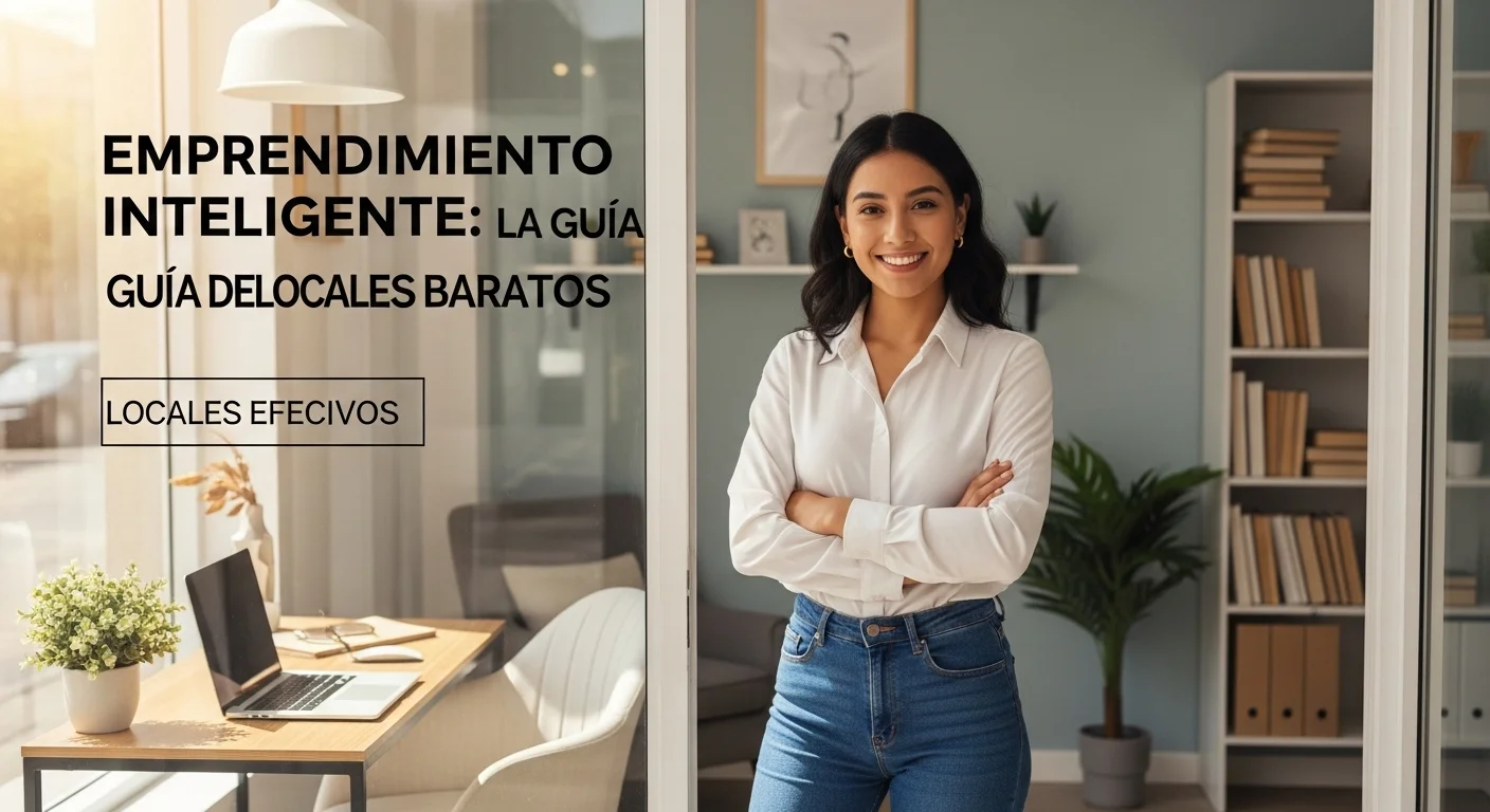 Una joven emprendedora sonriendo dentro de su pequeño negocio, un local luminoso y bien organizado, simbolizando el éxito al encontrar locales baratos.