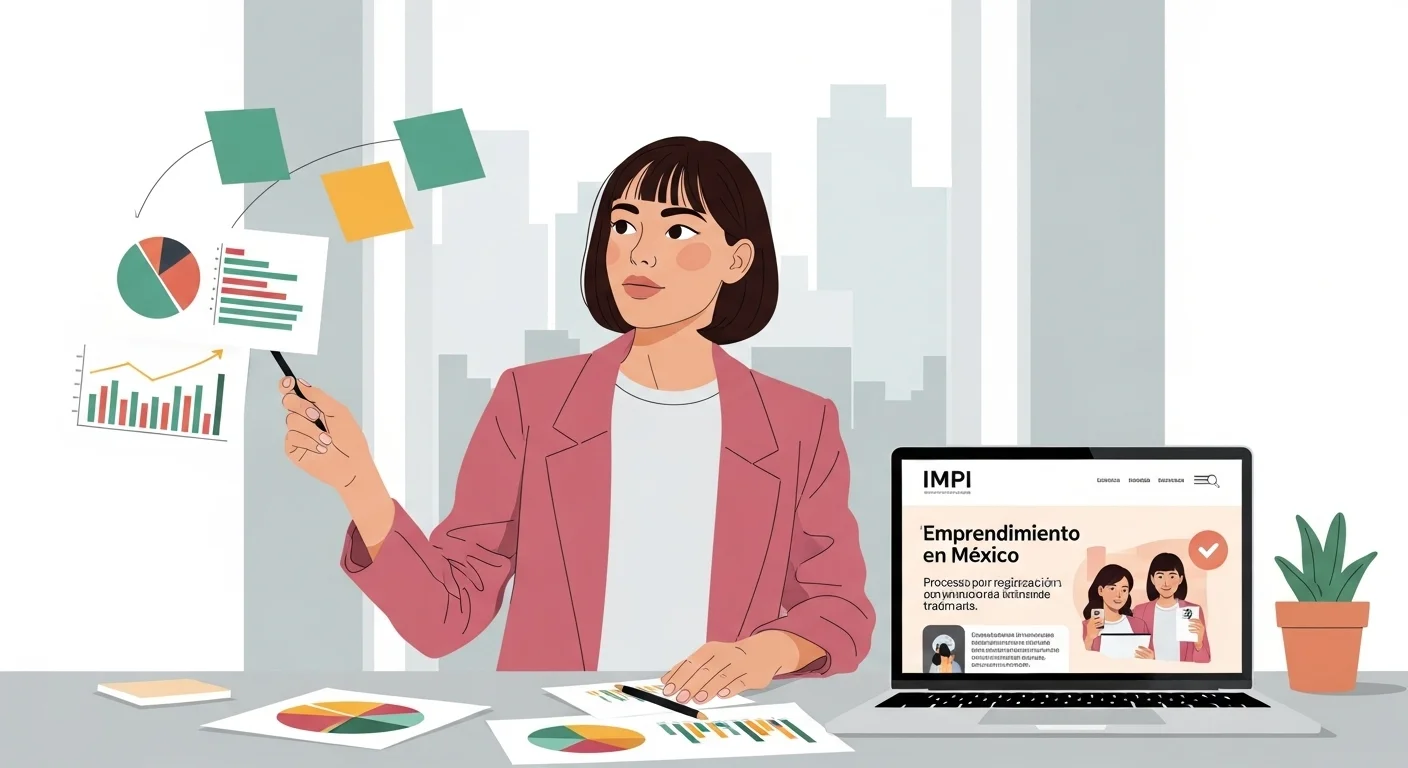 Una emprendedora mexicana diseñando la estrategia de su startup, con elementos gráficos del IMPI y de registro de marca.