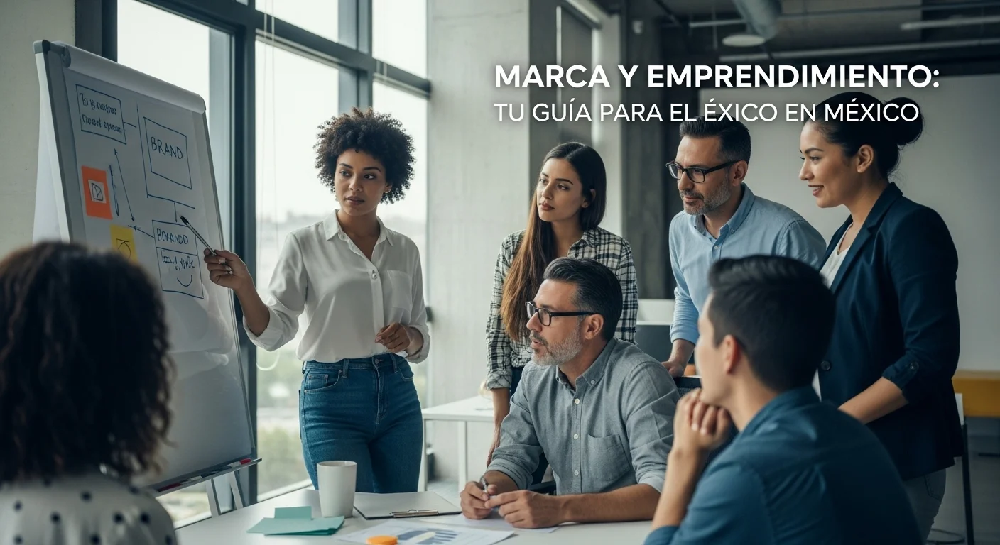 Un grupo diverso de emprendedores colaborando en una oficina moderna en México, discutiendo sobre una estrategia de marca en una pizarra.