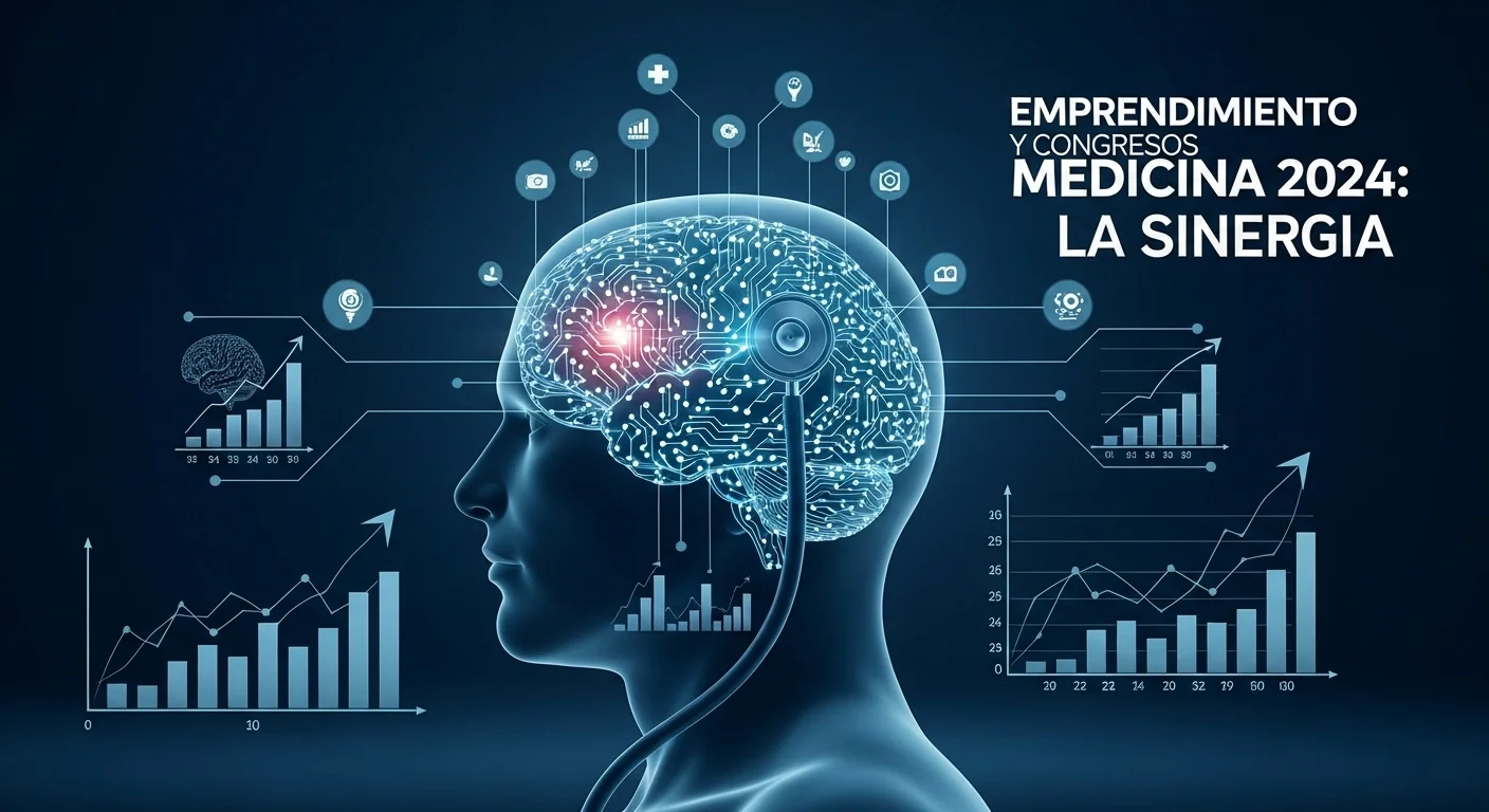 Una imagen conceptual que muestra la sinergia entre medicina y tecnología, con símbolos como un estetoscopio, un cerebro con circuitos y gráficos de crecimiento, representando el emprendimiento en los Congresos de Medicina 20_24.