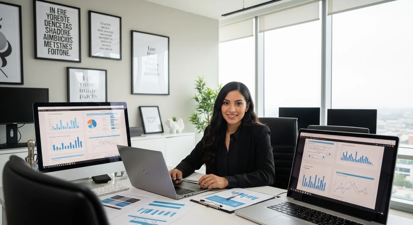 Emprendedora en medicina estética planificando la estrategia de su startup en una oficina moderna.