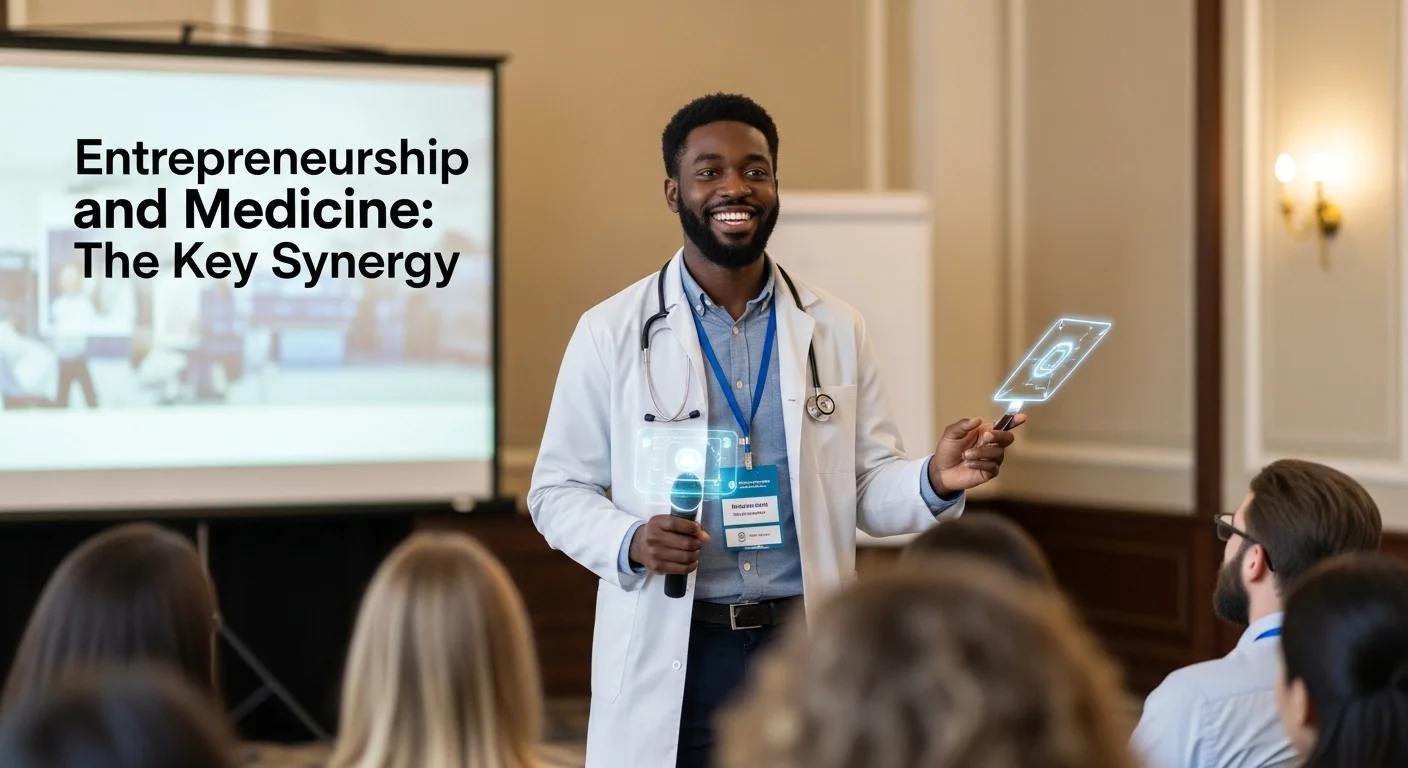 Doctor emprendedor presentando una startup de healthtech en un congreso de medicina, mostrando la sinergia entre emprendimiento y salud.