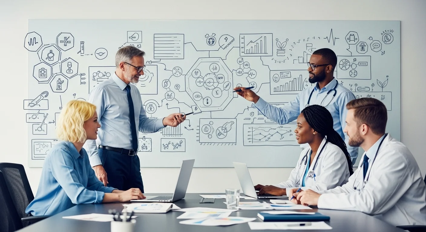Un grupo de emprendedores y médicos colaborando en una startup de healthtech, con gráficos de datos y símbolos médicos en el fondo.