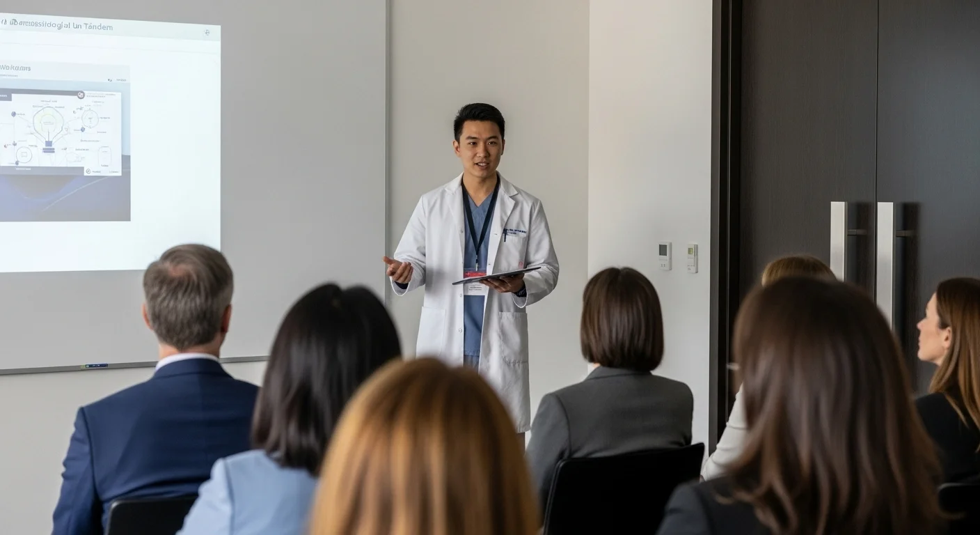 Médico anestesiólogo presentando una idea de startup a un grupo de inversores durante un congreso de innovación en salud.