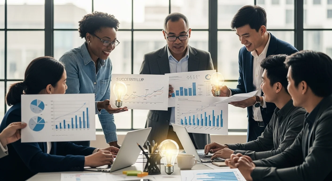 Una imagen que muestra a un grupo diverso de emprendedores colaborando en una oficina moderna, con gráficos de crecimiento y bombillas que simbolizan ideas innovadoras y los mejores negocios.