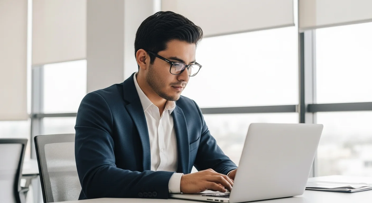 Joven emprendedor mexicano trabajando en su laptop en una oficina moderna, simbolizando el éxito y cómo ganar dinero con un startup.