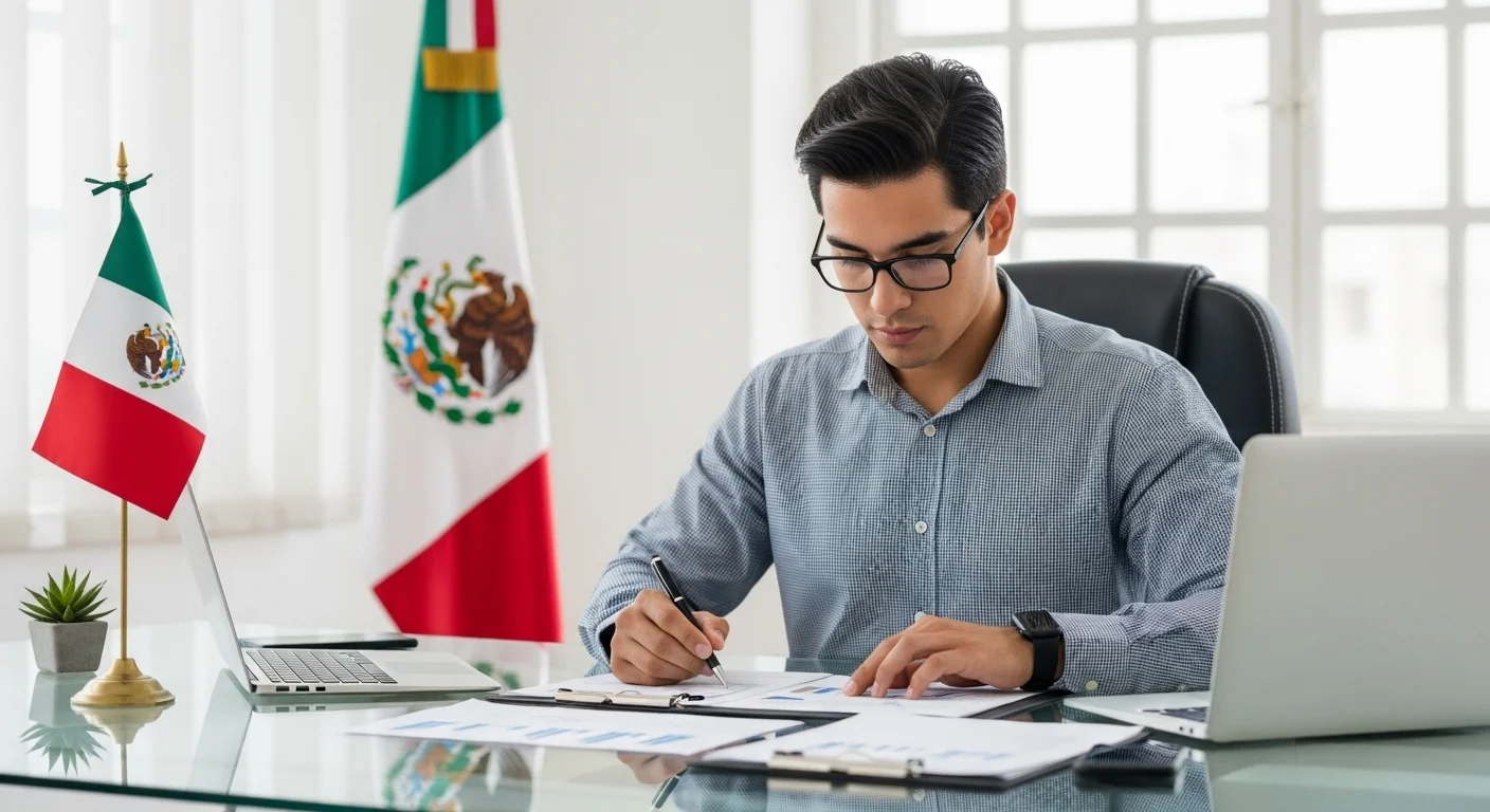 Emprendedor mexicano planificando el inicio de su startup en una oficina moderna con la bandera de México