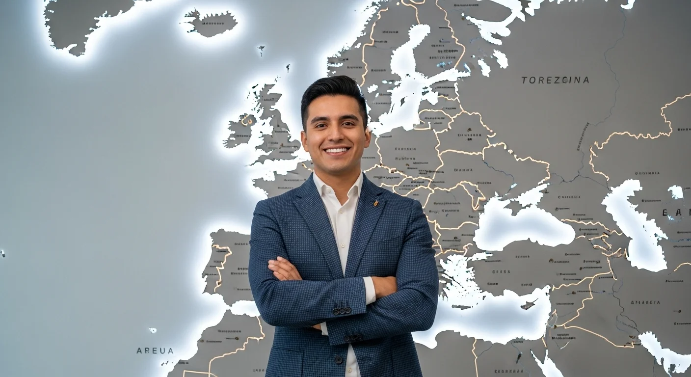 Emprendedor mexicano frente a un mapa de Europa, simbolizando la expansión internacional y la oportunidad de negocio en el mercado de Euros.
