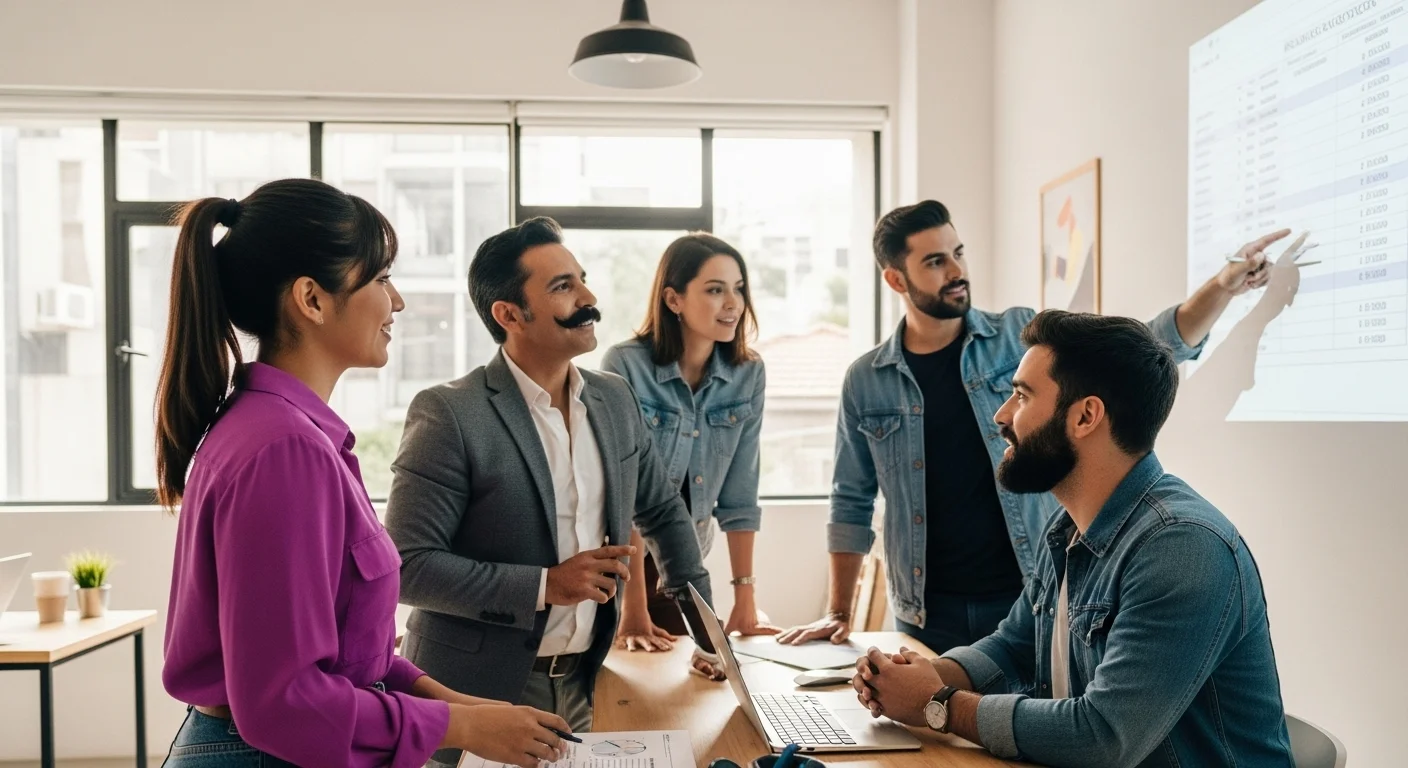 Equipo de emprendedores mexicanos en una reunión de estrategia en su startup, discutiendo cómo obtener financiamiento.