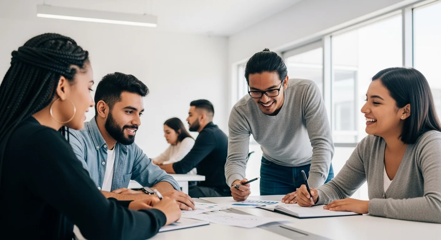 Imagen de un grupo diverso de jóvenes emprendedores mexicanos colaborando en una oficina moderna, simbolizando el éxito de las startups en México.