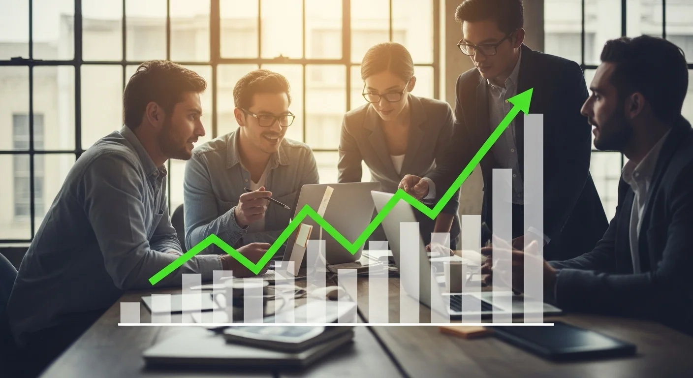 Una gráfica ascendente superpuesta sobre una imagen de emprendedores mexicanos colaborando en una startup, simbolizando el crecimiento y la resiliencia del emprendimiento en 2020.