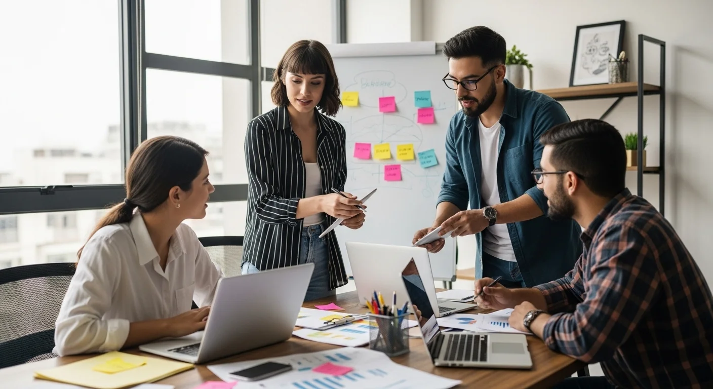 Equipo de jóvenes emprendedores en una oficina moderna en México, planeando estrategias de negocio para su startup en 2024.