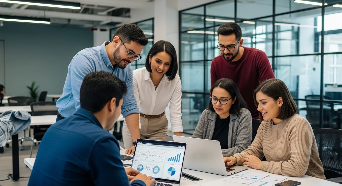 Grupo diverso de emprendedores mexicanos colaborando en un espacio de coworking moderno, analizando gráficos en una laptop, simbolizando el dinamismo del emprendimiento en 2024.