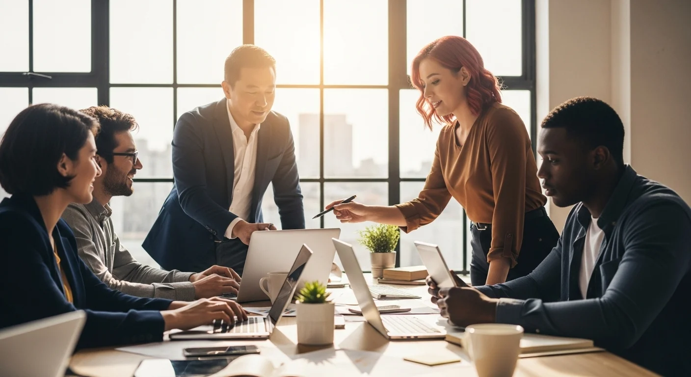 Equipo de una startup mexicana diversa colaborando en una oficina moderna, simbolizando el camino del emprendimiento para tener dinero.