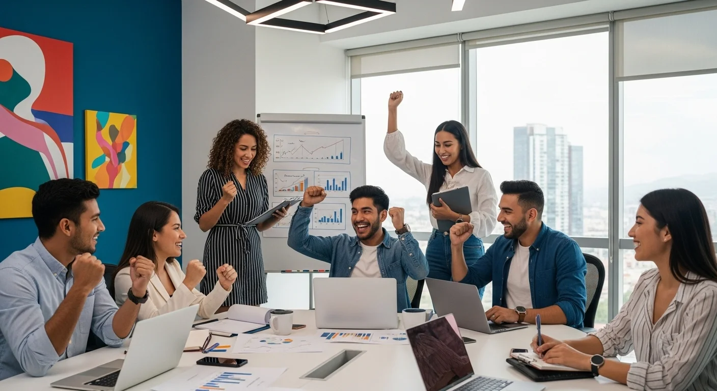 Jóvenes emprendedores mexicanos en una junta de startup, celebrando el éxito de su plan de negocios y la mentalidad de 'Se Gana'.