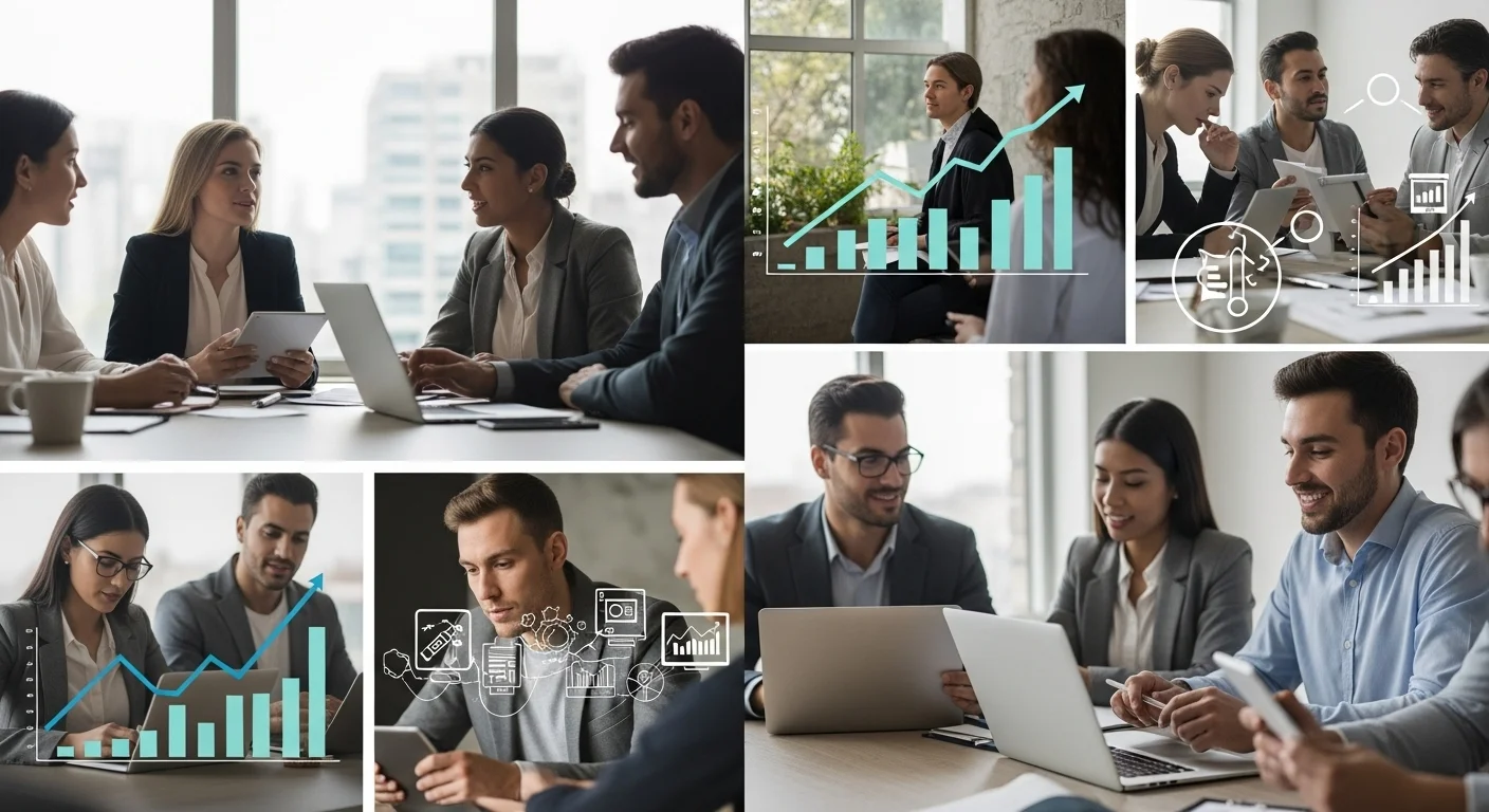 Collage de imágenes que representan el emprendimiento en México, mostrando a startups en reuniones, gráficos de crecimiento y símbolos de innovación y tecnología.