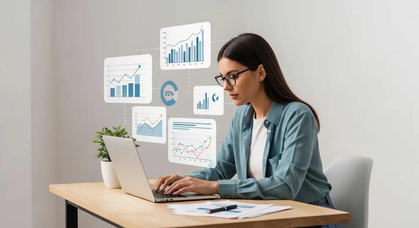 Una mujer emprendedora en México trabajando en su laptop, planeando el crecimiento de su startup con gráficos y datos visibles.