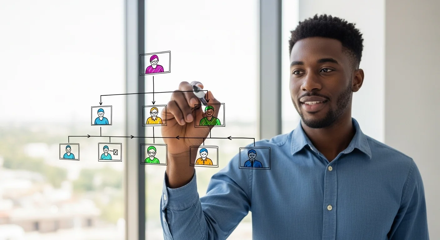 Una persona dibujando un organigrama de red en un tablero transparente, simbolizando la estructura de un negocio multinivel y el emprendimiento en startups.