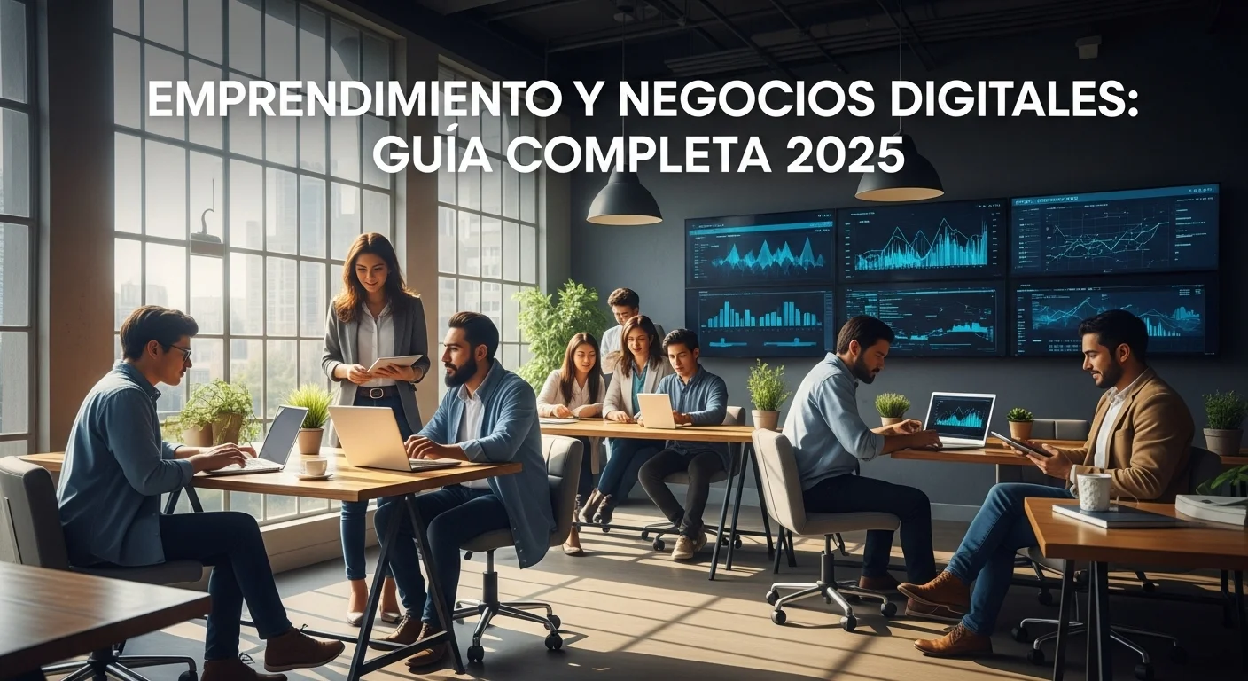 Una imagen que muestra a un grupo diverso de emprendedores mexicanos colaborando en un espacio de coworking moderno, con laptops, tabletas y gráficos digitales proyectados, simbolizando la innovación en startups y negocios digitales.