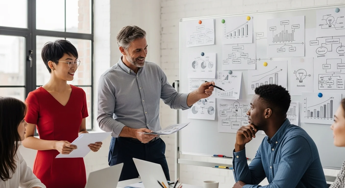 Una reunión de trabajo de un equipo de emprendedores en una startup, discutiendo ideas de negocios exitosos frente a una pizarra con diagramas de crecimiento.