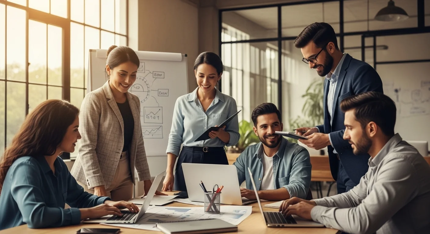 Un grupo diverso de emprendedores mexicanos colaborando en una oficina moderna, planeando el lanzamiento de su startup, simbolizando el emprendimiento y los negocios en México.
