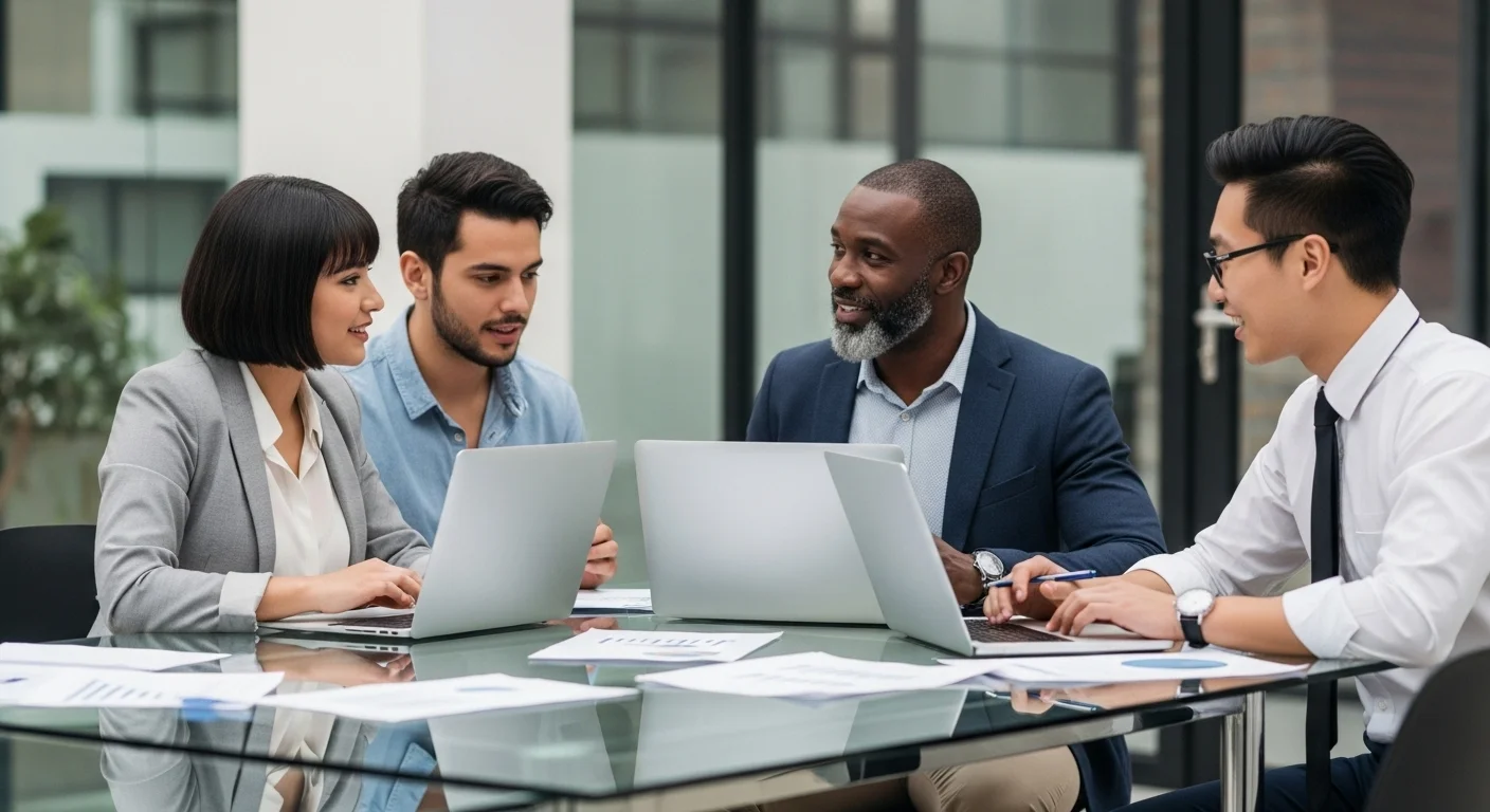 Equipo diverso de emprendedores colaborando en una oficina moderna en México, discutiendo estrategias de negocios y crecimiento de su startup.