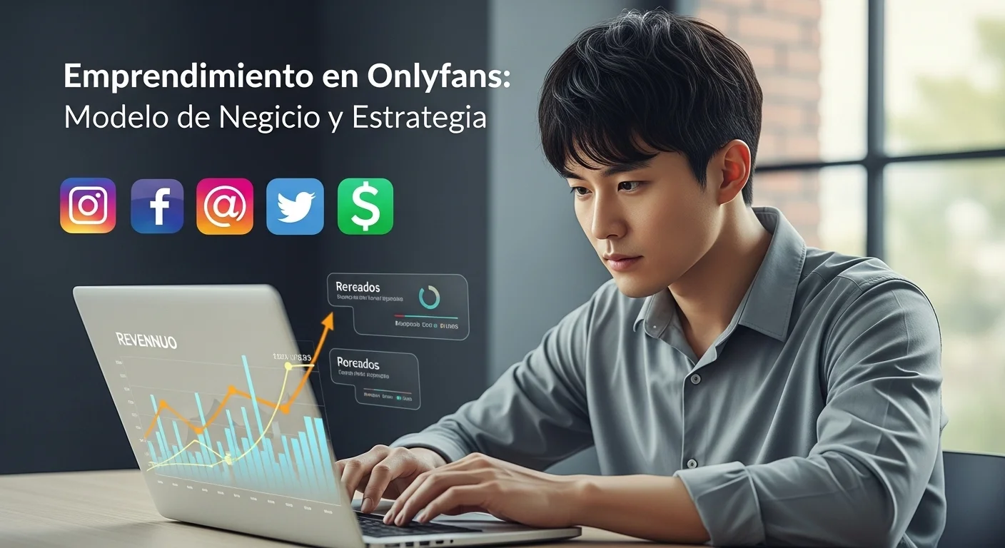 Una persona trabajando en una laptop con gráficos de crecimiento, simbolizando el emprendimiento en Onlyfans como una startup digital, con logos de redes sociales y finanzas.