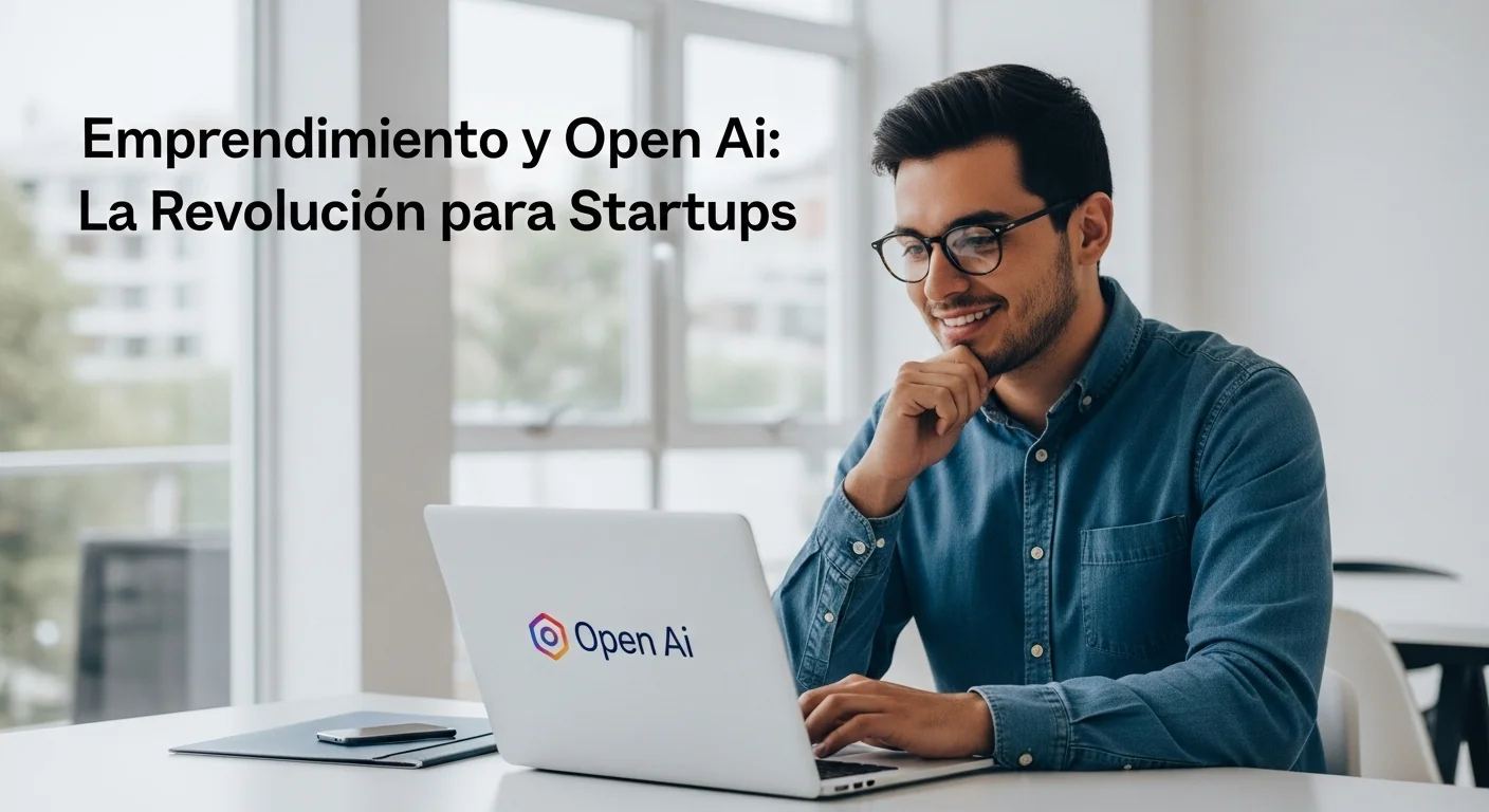 Emprendedor mexicano utilizando una laptop que muestra el logo de Open Ai, simbolizando la innovación en startups y el emprendimiento tecnológico en México.