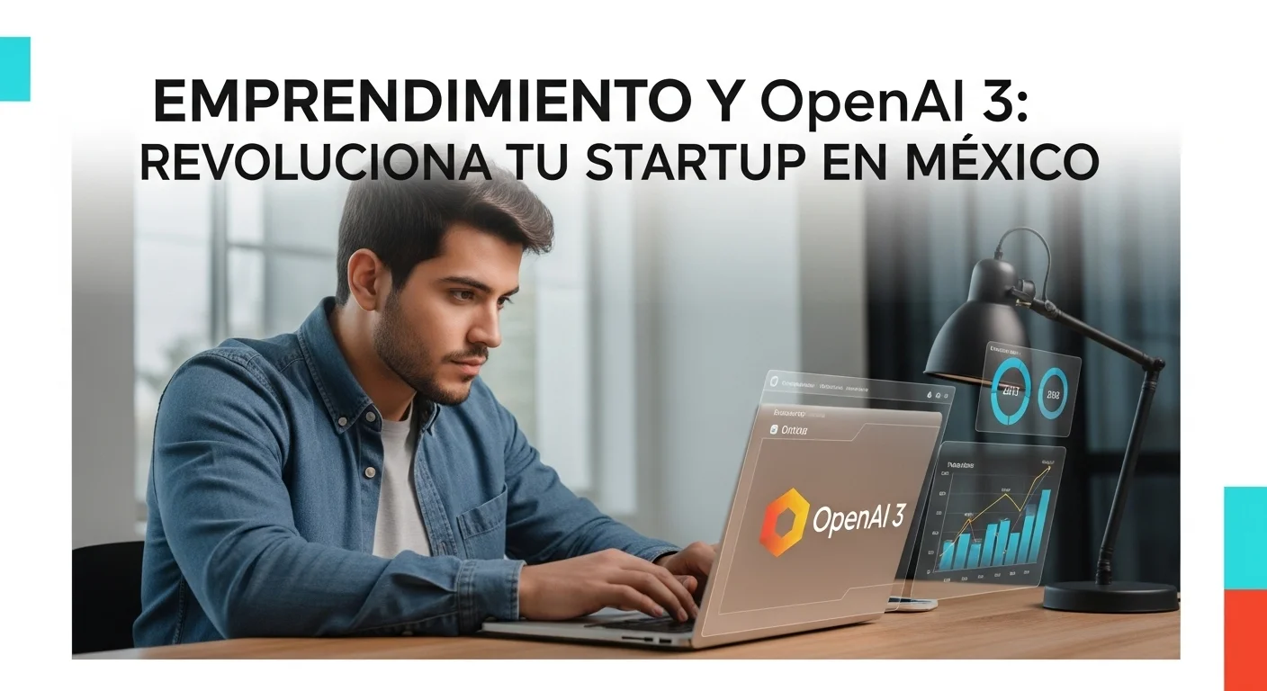 Una imagen conceptual que muestra a un emprendedor mexicano trabajando en una laptop con el logo de OpenAI 3 y gráficos de crecimiento de startup.