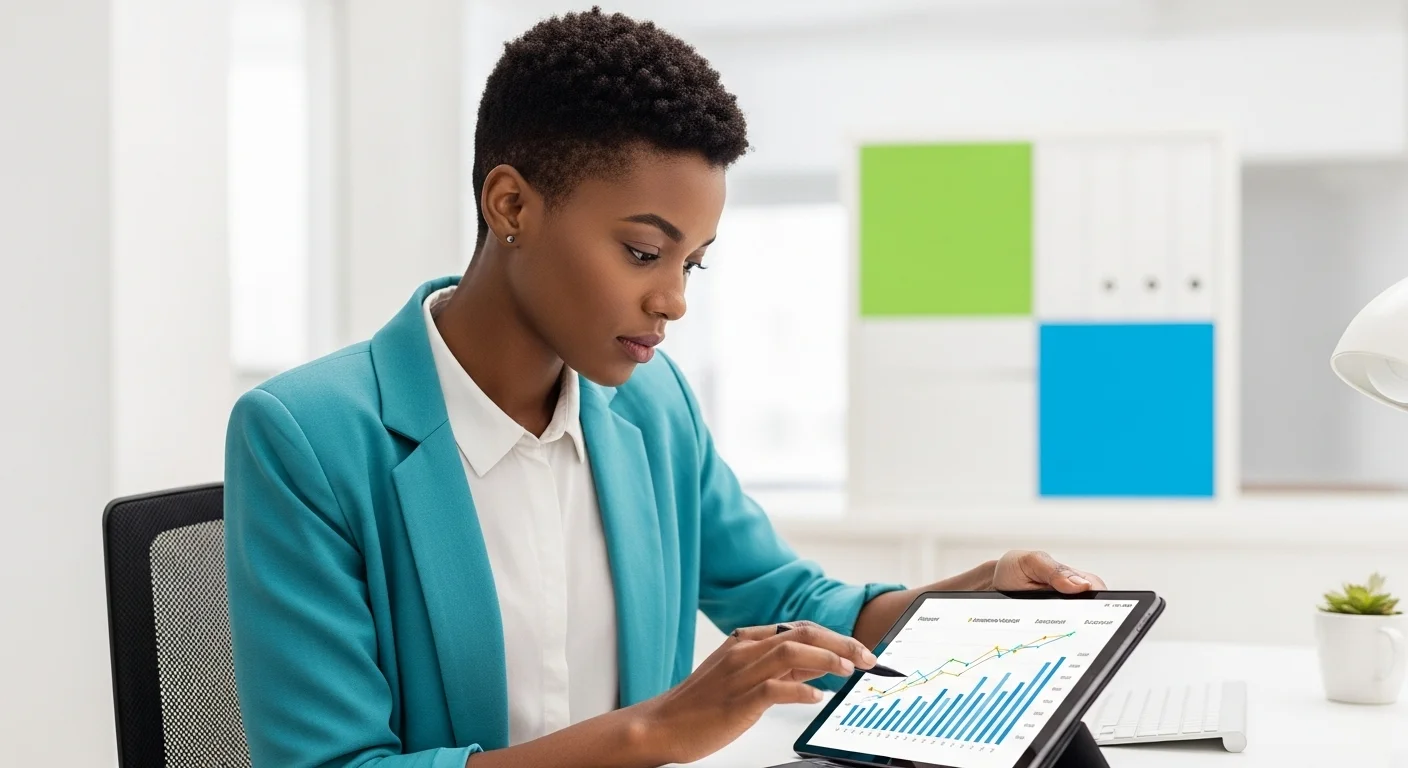 Emprendedor analizando gráficos y datos de mercado en una tableta, simbolizando la búsqueda de una oportunidad de emprendimiento.