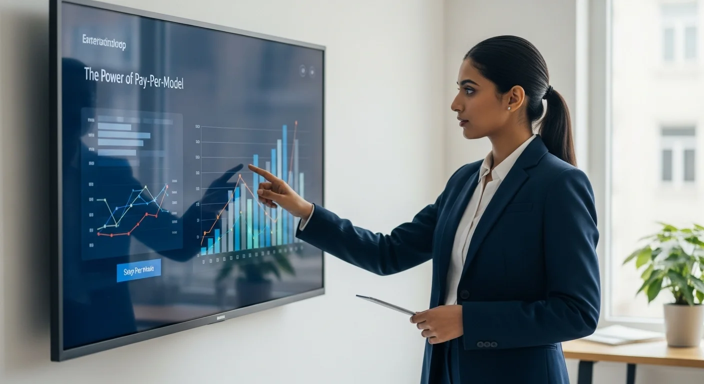 Emprendedor analizando gráficos de crecimiento de su startup, representando el éxito del modelo de Pago Por.