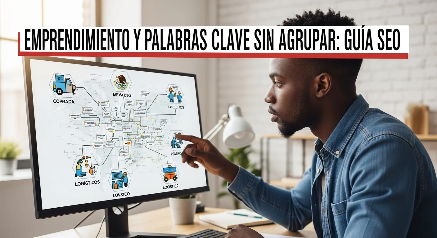 Emprendedor analizando un mapa de palabras clave en una pantalla, con íconos de startups mexicanas y logística de fondo.