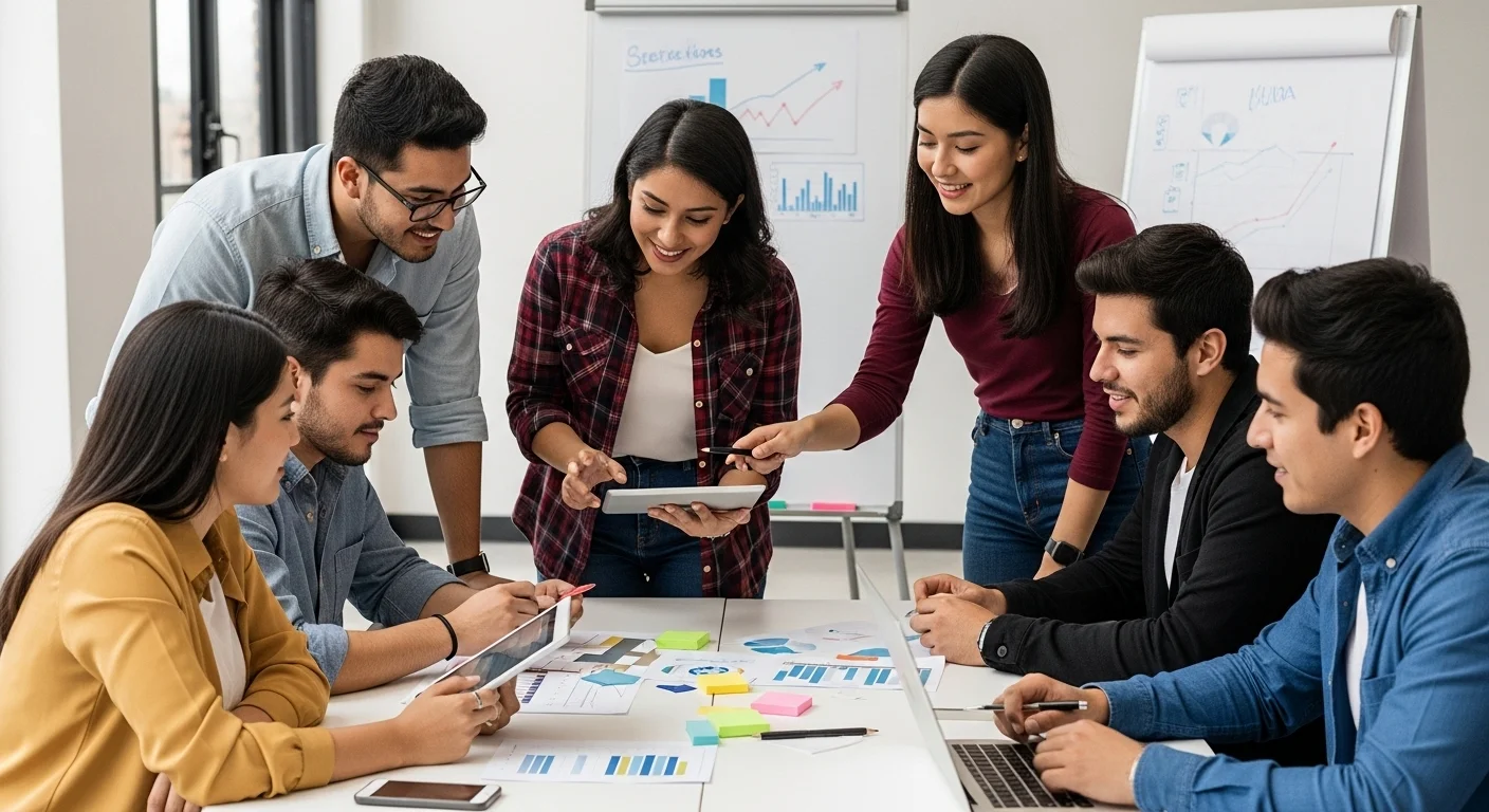 Jóvenes emprendedores colaborando en una startup en México, planeando proyectos de emprendimiento.