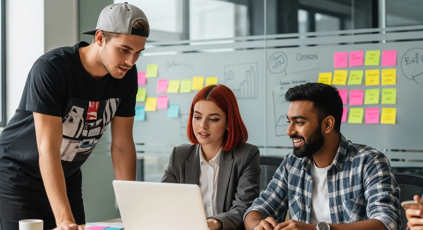 Grupo de estudiantes colaborando en un proyecto de emprendimiento, discutiendo ideas frente a una laptop y notas adhesivas.