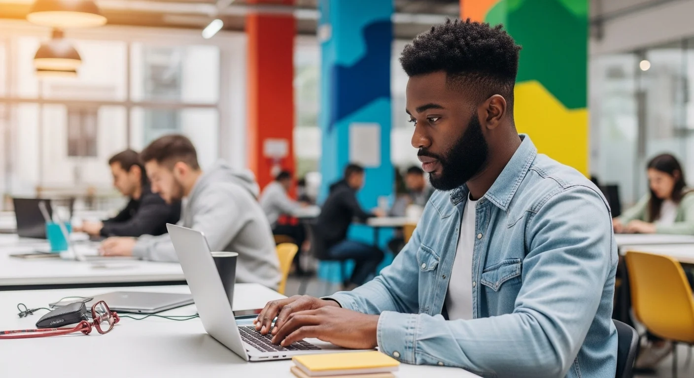 Una persona trabajando en una laptop en un espacio de coworking moderno, simbolizando el emprendimiento y la creación de startups en México.