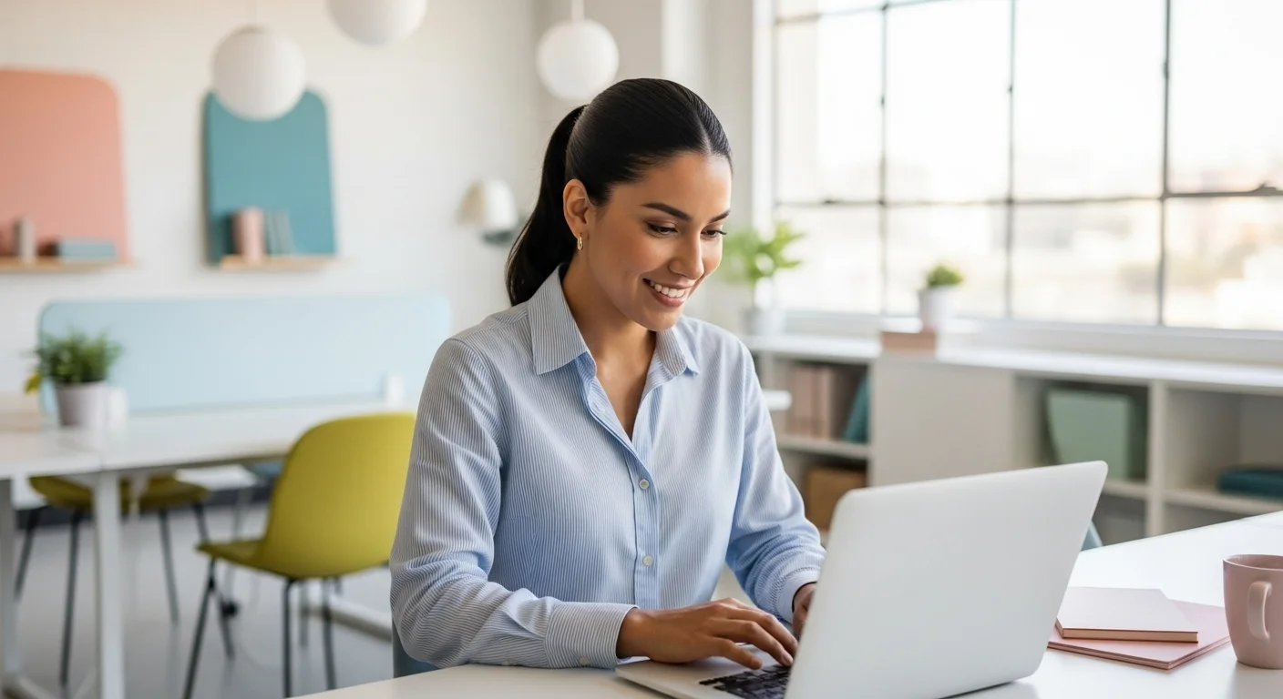 Mujer emprendedora trabajando en su laptop en un espacio de trabajo moderno y luminoso, simbolizando el éxito de startups y empresas mexicanas.