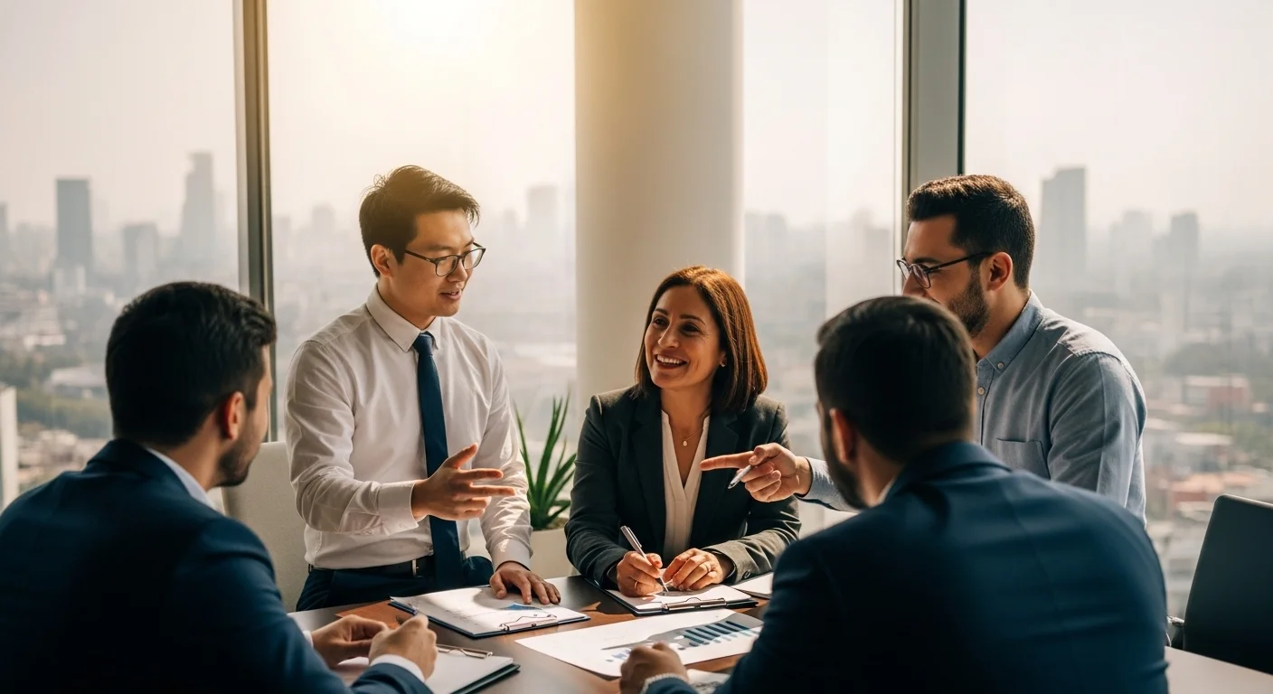 Equipo de emprendedores discutiendo un plan de negocios en una moderna oficina en Ciudad de México, simbolizando el emprendimiento Para Negocios.