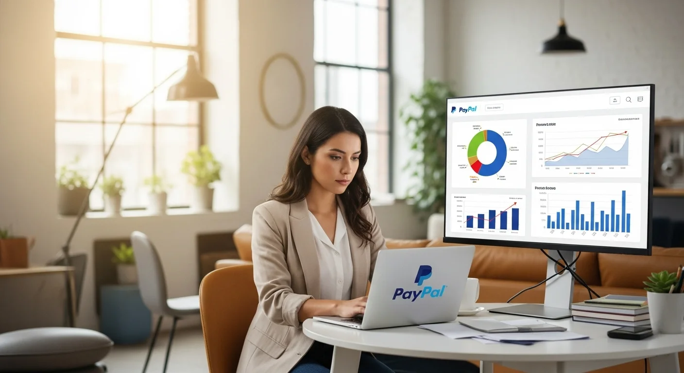 Una persona emprendedora en México trabajando en su laptop con el logo de PayPal y gráficos de crecimiento, simbolizando el éxito de una startup.