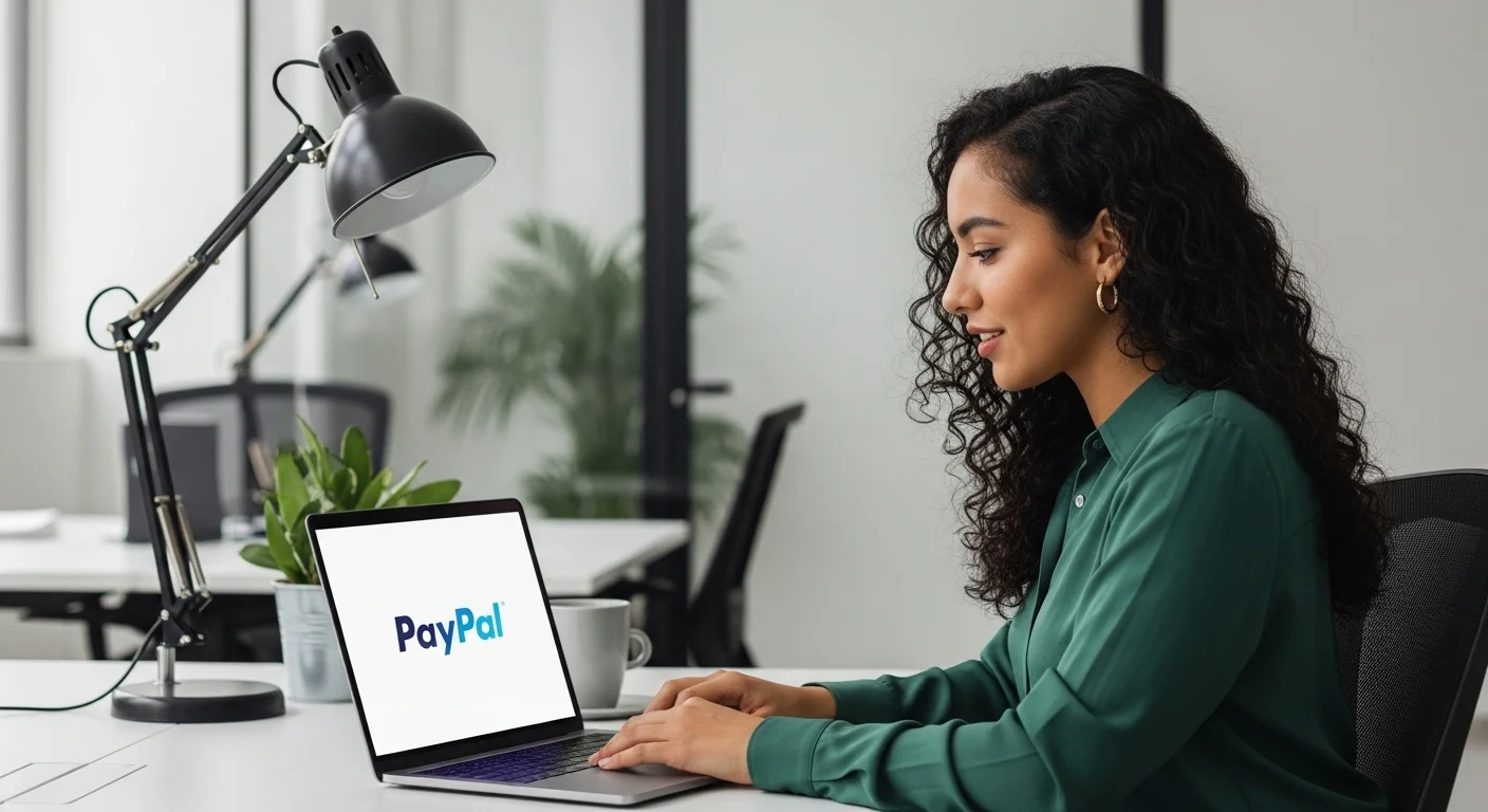 Una persona en una oficina moderna en México, trabajando en una laptop que muestra el logo de PayPal, simbolizando el emprendimiento digital y startups.