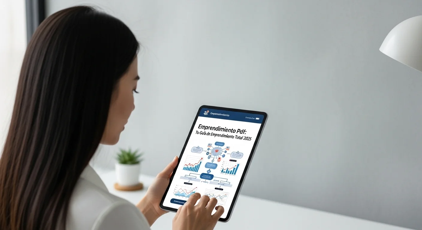 Una persona estudiando documentos sobre emprendimiento en una tablet, con gráficos y diagramas de flujo visibles. el concepto representa los recursos de emprendimiento pdf.