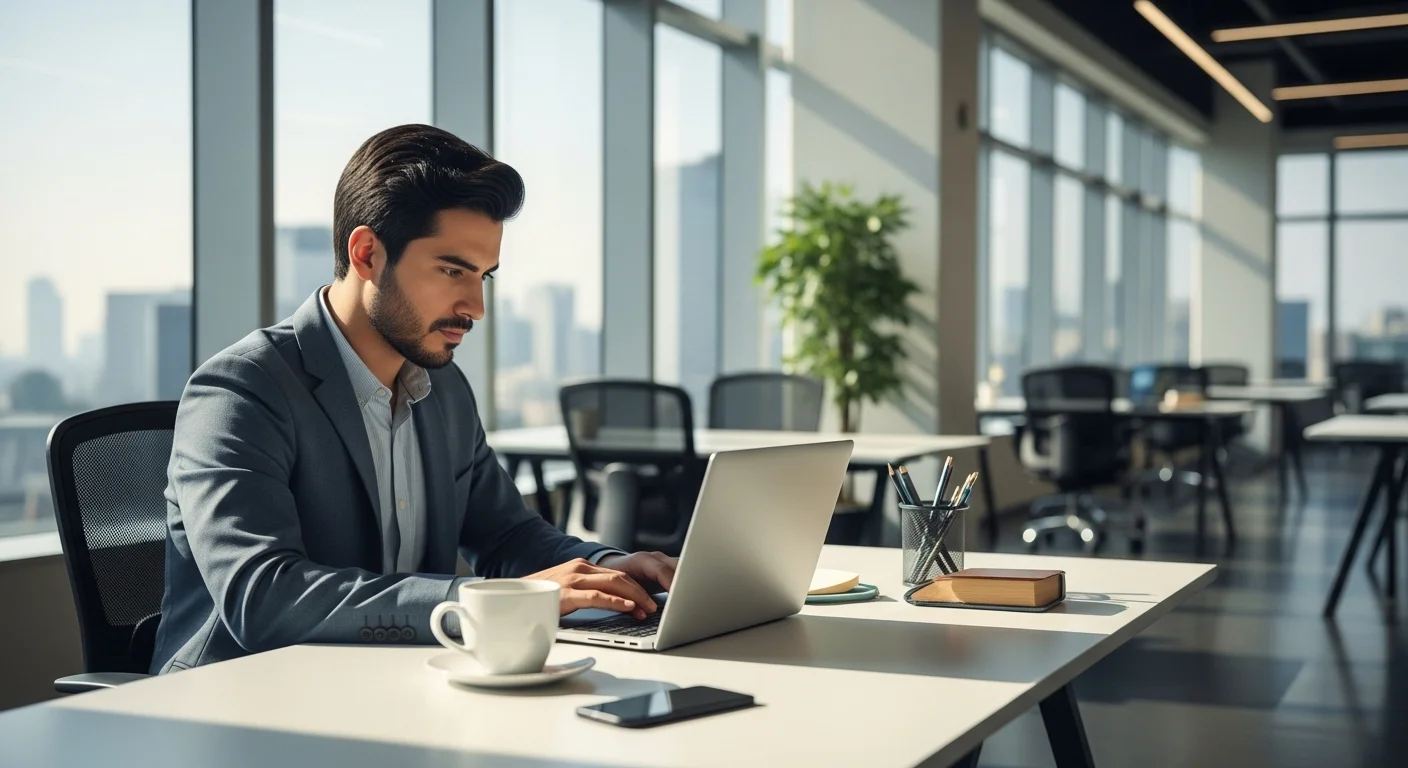 Una persona trabajando en una laptop en una oficina moderna, simbolizando el emprendimiento y los pequeños negocios en México.