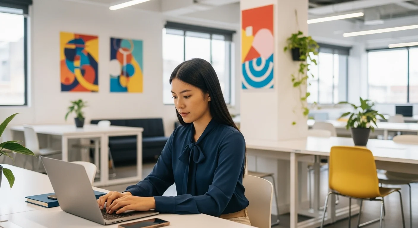 Una persona trabajando en una laptop en un espacio de coworking moderno, simbolizando un emprendimiento de poca inversión y el inicio de una startup en México.