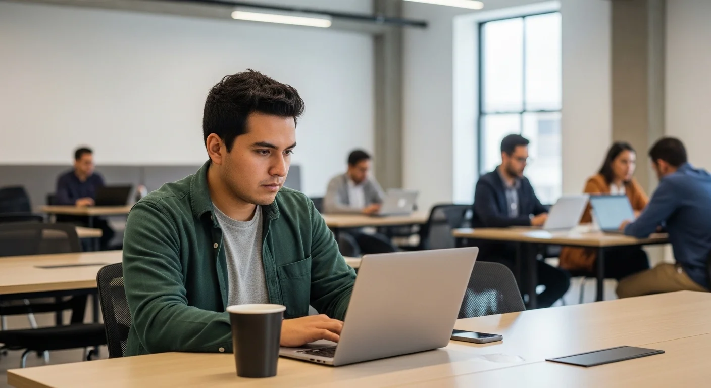 Una persona trabajando en una laptop en un espacio de coworking, simbolizando el inicio de un emprendimiento o startup con pocos recursos en México.
