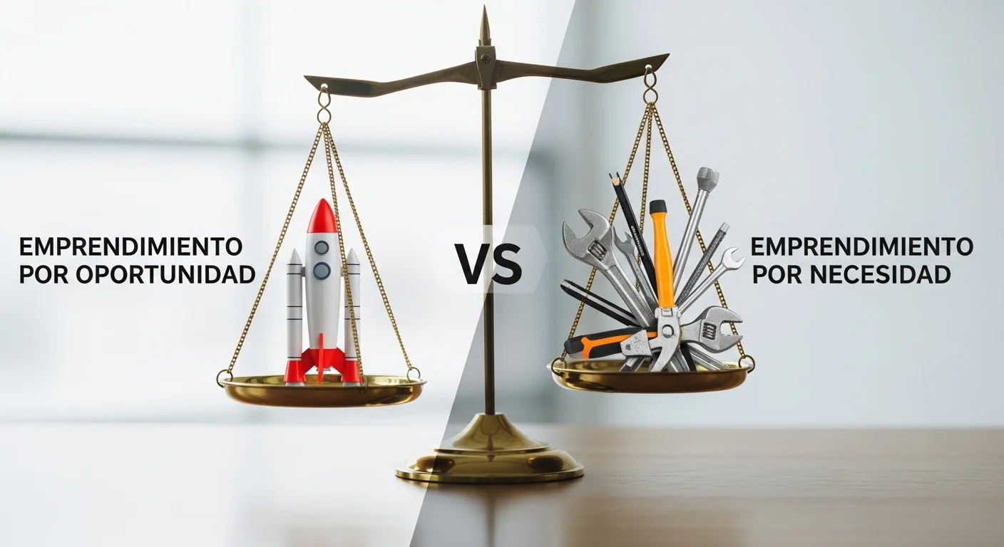 Una balanza comparando el Emprendimiento Por Oportunidad, representado por un cohete, y el Emprendimiento Por Necesidad, con herramientas de trabajo.