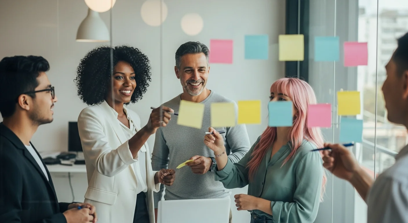 Equipo de emprendedores trabajando en un Emprendimiento Proyect, colaborando en una oficina moderna con notas adhesivas en una pared de cristal, representando startups y proyectos de emprendimiento en México.