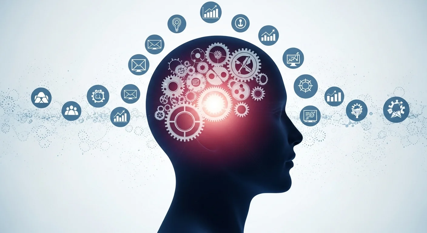 Sinergia conceptual entre Psiquiatría y emprendimiento, mostrando una silueta de cabeza humana con engranajes y símbolos de negocio e innovación.
