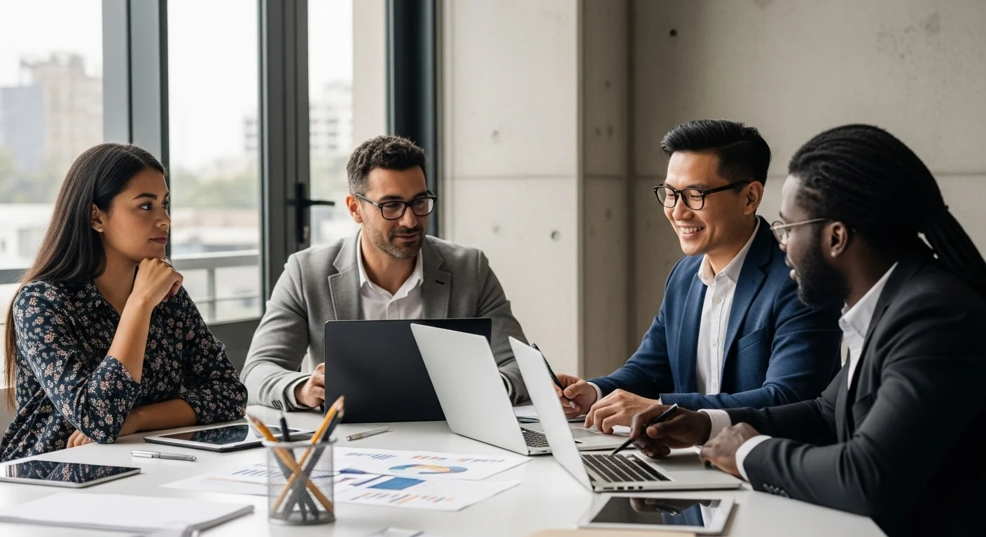 Equipo diverso de emprendedores colaborando en una startup en México, simbolizando el dinamismo de las Pymes y el emprendimiento.