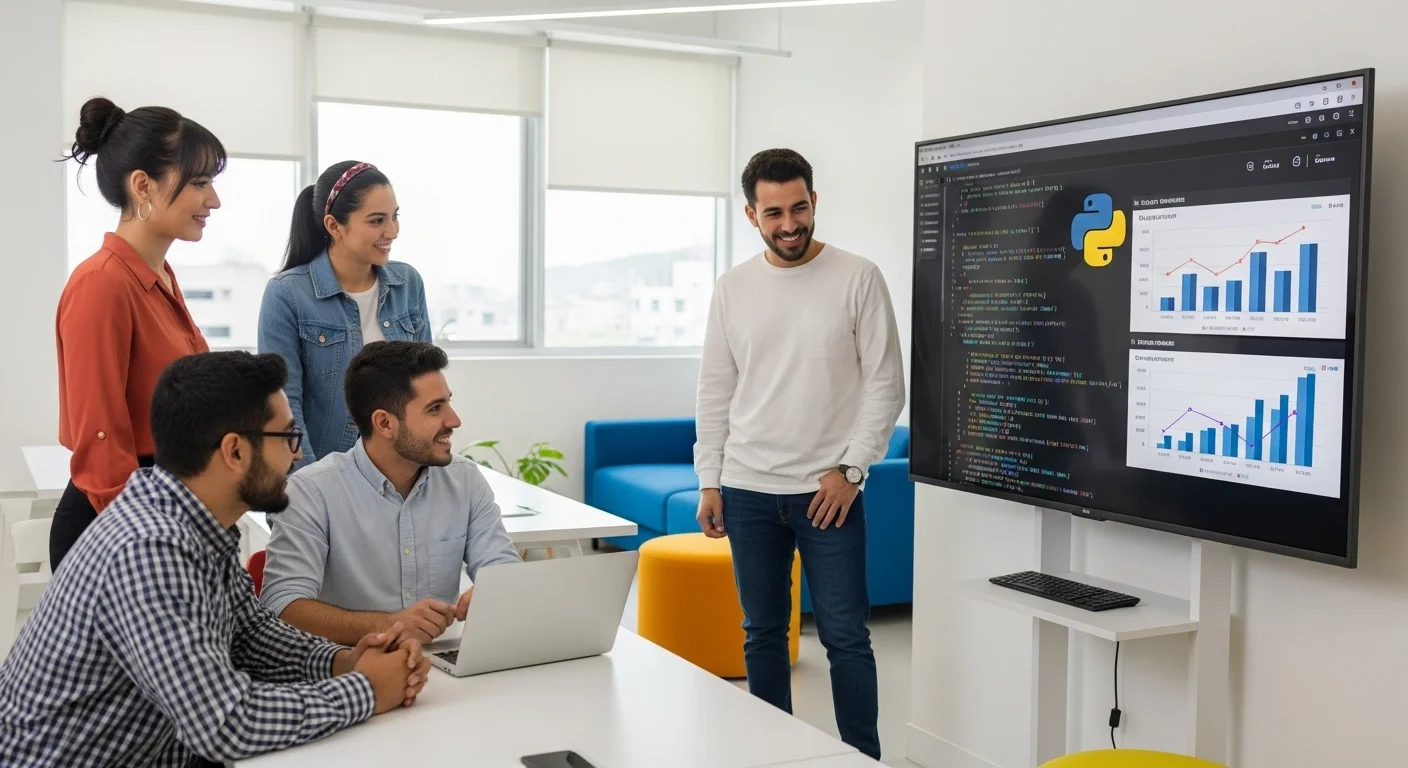 Un equipo de emprendedores en una oficina moderna en México, discutiendo un proyecto en una pantalla que muestra código Python y gráficos de crecimiento de su startup.