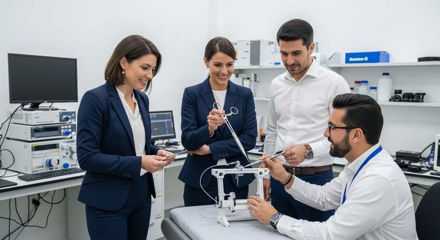 Un equipo de emprendedores en un laboratorio moderno discutiendo un prototipo de dispositivo médico, representando la innovación en startups quirúrgicas.